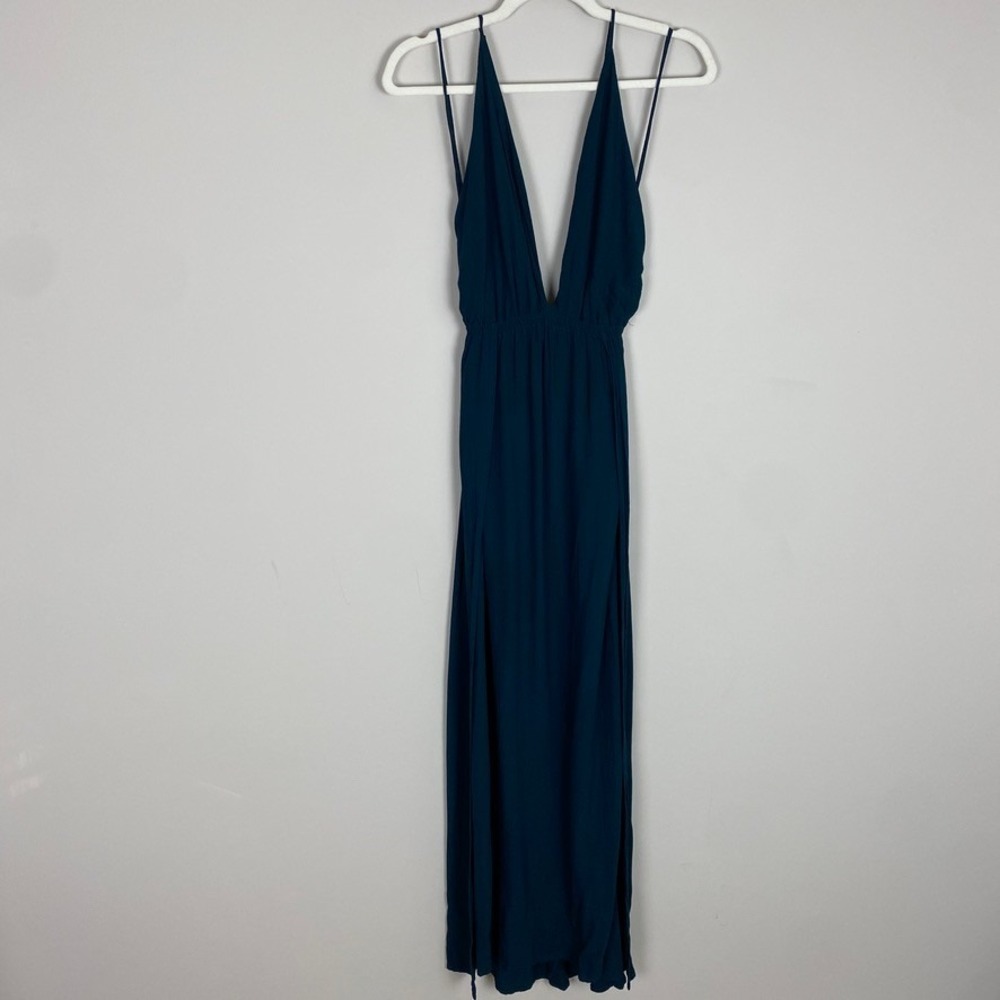 Indah River Maxi Dress Deep V Neck Small Teal Open Back Boho Beachy Vacation